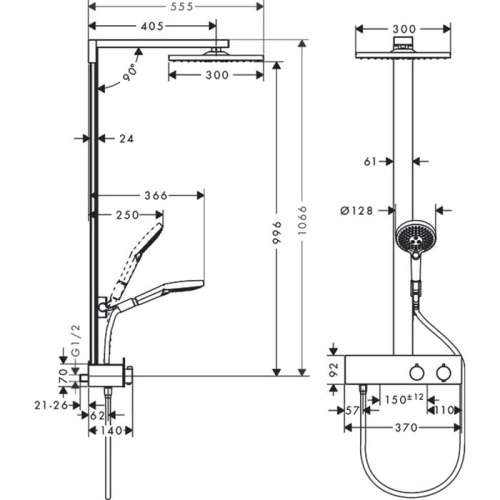 Hansgrohe Showerpipe Rindance E Душевая стойка, с термостатическим смесителем, верхним душем 30x30см., ручным душем и шлангом 160см., и полкой, цвет: хром фото в интернет-магазине САНТЕХСИТИ