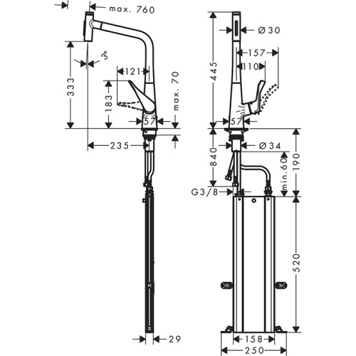 Hansgrohe Metris M71 Смеситель для кухни, на 1 отв, поворотный излив: 23.5см с вытяжным душем, 2jet, h: 33.3см, sBox, цвет: нержавейка фото в интернет-магазине САНТЕХСИТИ