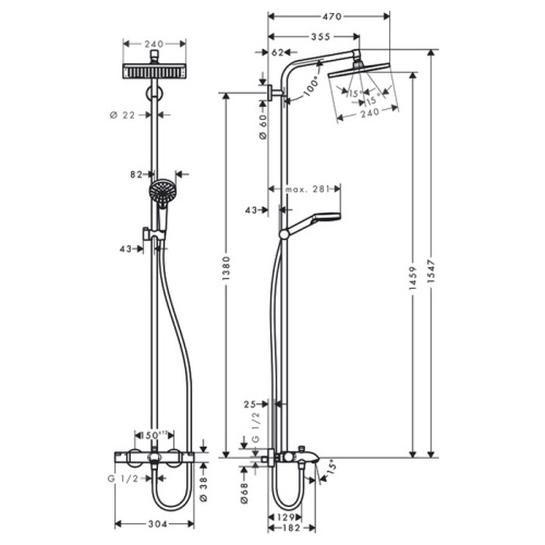 Hansgrohe Crometta E 240 SHP Душевая система 138см, с верхним душем 240х240мм., ручным душем и термостатическим смесителем, цвет: хром фото в интернет-магазине САНТЕХСИТИ