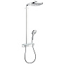 Hansgrohe Raindance Душевой гарнитур, в набор входят: верхний душ Raindance Select 300 3 jet с шарнирным соединением и QuickClean 2 типа струи: Rain: широкая дождевая струя. RainAir: объемная дождевая струя с технологией AIRPower, термо фото в интернет-магазине САНТЕХСИТИ
