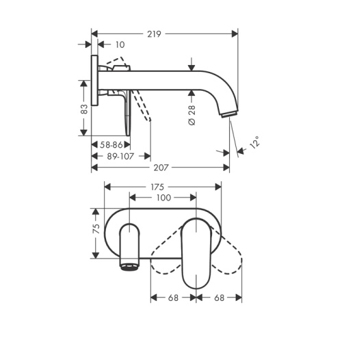 Hansgrohe Vernis Shap Смеситель для раковины, настенный, излив 204 мм, внешняя часть, цвет: матовый черный фото в интернет-магазине САНТЕХСИТИ