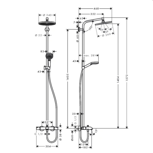 Hansgrohe Crometta Showerpipe S 240 SHP: термостат для ванны + стойка с верхним душем 240мм + ручной душ со шлангом 160мм, цвет: хром фото в интернет-магазине САНТЕХСИТИ