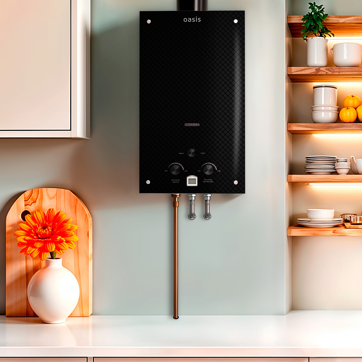 Водонагреватель проточный газовый OASIS GLASS 10 л/мин (20кв) 20 KG Черный фото в интернет-магазине САНТЕХСИТИ