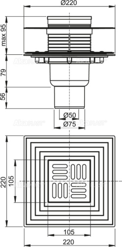 Сливной трап ALCAPLAST прямой 105*105/50 (комб.затвор-SMART) фланец нерж.сталь, 2–х уровневый фото в интернет-магазине САНТЕХСИТИ