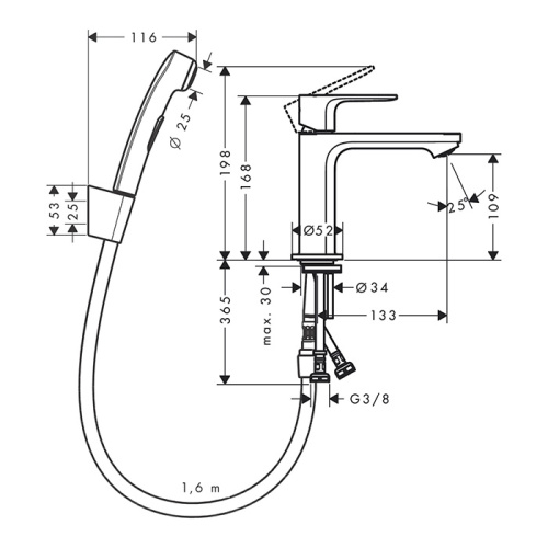 Hansgrohe Rebris S Смеситель для раковины 110, с гигиеническим душем, цвет: хром фото в интернет-магазине САНТЕХСИТИ