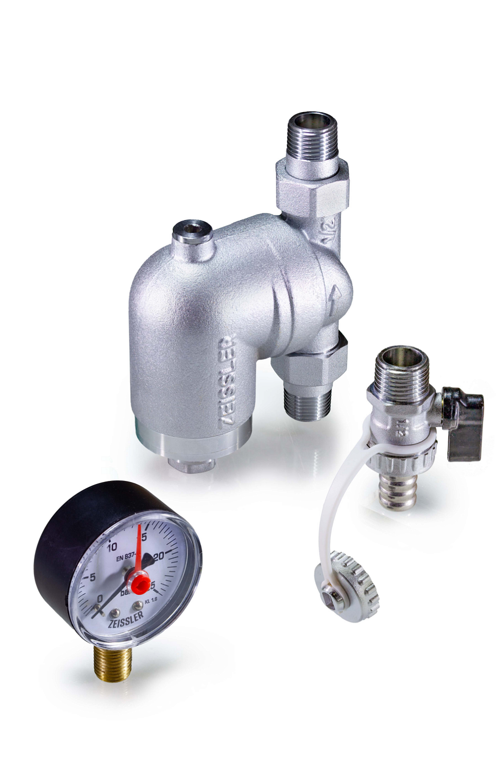 Фильтр промывной ZEISSLER вертикальный 3/4" с манометром, латунный (никель) корпус фото в интернет-магазине САНТЕХСИТИ