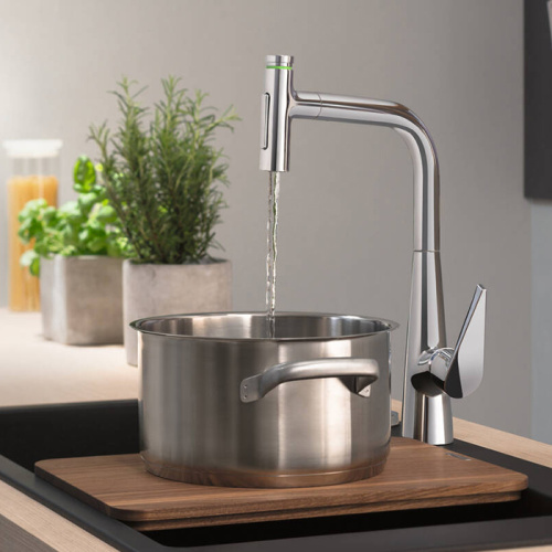 Hansgrohe Talis Select M51 Смеситель для кухни, на 1 отв, поворотный излив: 22см с вытяжным душем, 2jet, h:28.8см, sBox, кнопка вкл/выкл, цвет: хром фото в интернет-магазине САНТЕХСИТИ