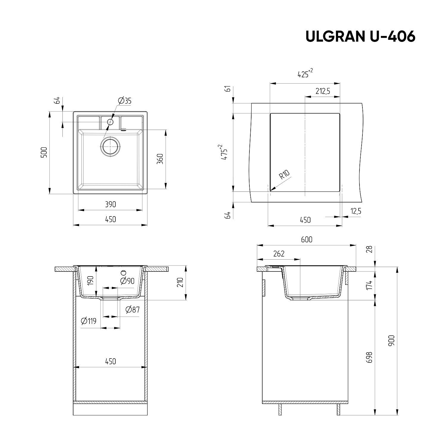 Мойка композит.Ulgran U-406 КВАДРАТНАЯ 309 темно-серый 450*500*210  с сифоном фото в интернет-магазине САНТЕХСИТИ