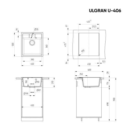 Мойка композит.Ulgran U-406 КВАДРАТНАЯ 309 темно-серый 450*500*210  с сифоном фото в интернет-магазине САНТЕХСИТИ