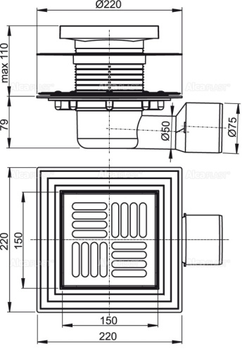 Трап сливной ALCAPLAST боковой 150×150/50/75 нерж.решетка фото в интернет-магазине САНТЕХСИТИ