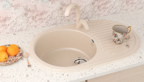 Мойка композит.Ulgran U-107 ОВАЛЬНАЯ 302 песочный 730*460*200  с сифоном фото в интернет-магазине САНТЕХСИТИ