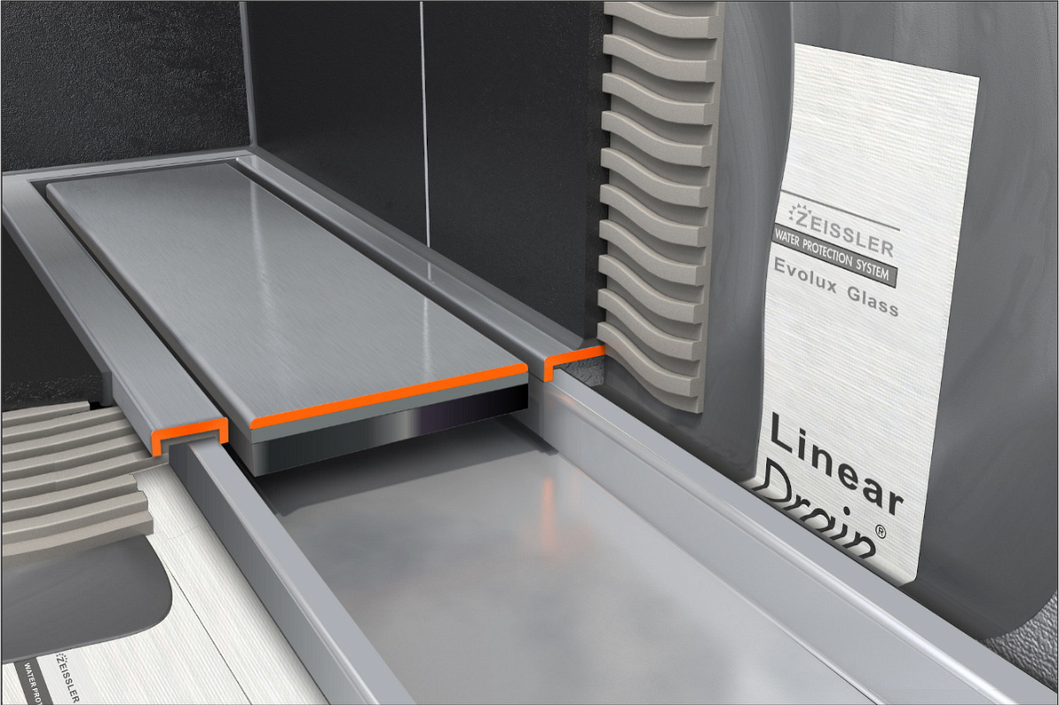 Трап для душа TIM с двухстор. решеткой горизонт. сток Evolux Glass (черное глянц-стекло) 70*400 фото в интернет-магазине САНТЕХСИТИ