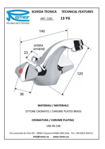 Смеситель для раковины REMER 13YG фото в интернет-магазине САНТЕХСИТИ