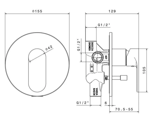 Встроенный однорычажный смеситель PIANO для душа с переключателем на два потока, хром глянец фото в интернет-магазине САНТЕХСИТИ
