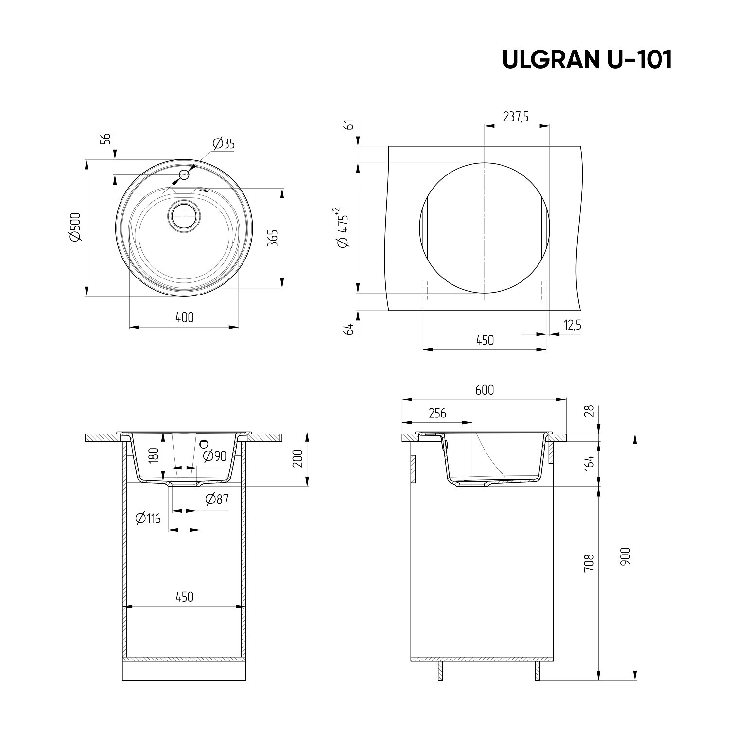Мойка композит.Ulgran U-101 КРУГЛАЯ 331 белый 500*500*180  с сифоном фото в интернет-магазине САНТЕХСИТИ