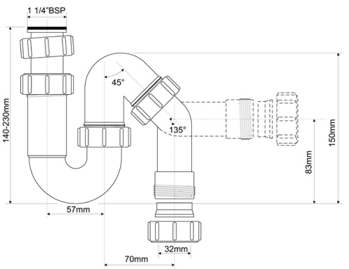 Сифон MCALPINE P/S-образный 11/4"х32мм без выпуска MRW7 фото в интернет-магазине САНТЕХСИТИ