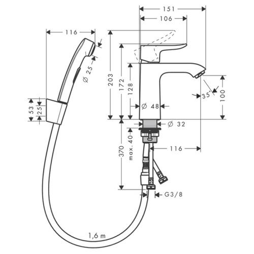 Hansgrohe Metris Смеситель для раковины, на 1 отв., с гигиеническим душем (комплект: шланг: 160см, кронштейн, лейка), цвет: хром фото в интернет-магазине САНТЕХСИТИ