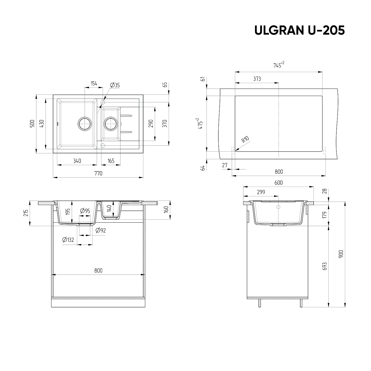 Мойка композит.Ulgran U-205 ПРЯМОУГОЛЬНАЯ 1,5-чаша 309 темно-серый 770*500*215  с сифоном фото в интернет-магазине САНТЕХСИТИ