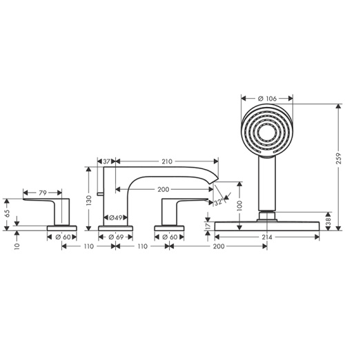 Hansgrohe Vivenis Смеситель на борт ванны, на 4 отв, с ручной лейкой, цвет: черный матовый фото в интернет-магазине САНТЕХСИТИ