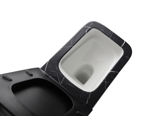 EG633Black-W Подвесной унитаз EvaGold мрамор черно-белый, безободковый, сид. черн. мат. тонкое ДП фото в интернет-магазине САНТЕХСИТИ