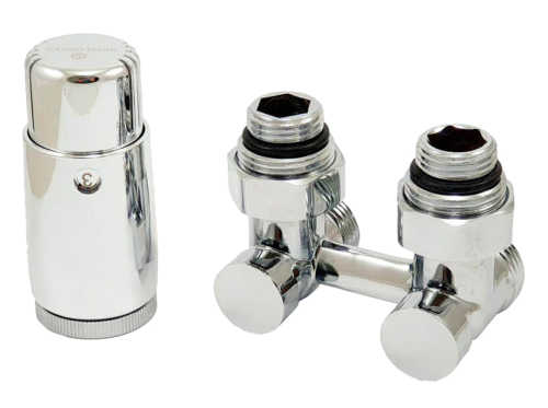 Комплект узла нижнего подкл SCHLOSSER угловой STANDARD 3/4" (хром) с термоголовкой, ниппеля 1/2Х3/4" фото в интернет-магазине САНТЕХСИТИ